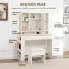A white vanity table with a stool and various compartments, with labels pointing out different features. Produktbild-Vorschau