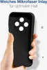 A hand holding a black phone case with a microfiber inlay visible inside. Produktbild-Vorschau
