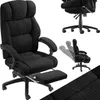 A collage of a black office chair from different angles, including a close-up of the seat and armrests, and a view of the chair with its footrest extended.