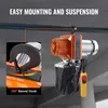 An electric chain hoist is suspended from a beam, with a close-up inset showing a swivel hook. Produktbild-Vorschau