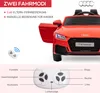 A red Audi TT RS Roadster electric toy car with its door open, shown from the front-left. Text overlays describe features and controls, and a remote control is also depicted. Produktbild-Vorschau