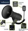 A black Velleman megaphone with various callouts highlighting its features and components, including the handle, on/off switch, controls and microphone, and battery compartment. Anteprima dell’immagine prodotto