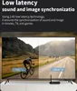 A split screen showing a comparison of audio/video synchronization, with one side labeled 'Our's' and the other 'Other's'. The 'Our's' side shows a cyclist in motion, while the 'Other's' side shows a road with sun glare. A small black device with an antenn Náhľad obrázku produktu