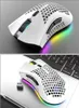 A collage of two images showing a white wireless gaming mouse with RGB lighting. Produktbild-Vorschau