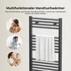 Collage showing people using towels and a baby, alongside a product image of a towel warmer. Voir les images du produit