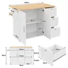 A collage of images showing a white kitchen island with a wooden top, including dimensions and a close-up of a drawer. Náhľad obrázku produktu