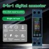A digital ammeter is shown with feature callouts and icons. Produktbild-Vorschau