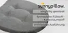A close-up of a gray cushion with text overlays describing its features. Produktbild-Vorschau