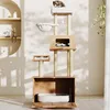 A cat tree with a litter box enclosure is shown in a well-lit room with natural light casting shadows. Anteprima dell’immagine prodotto