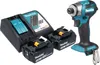 A cordless impact driver, two batteries, and a charger are displayed against a white background. Produktbild-Vorschau