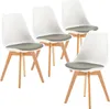 Four white dining chairs with gray seat cushions and light wood legs are arranged on a white background. Voir les images du produit