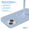 A light blue silicone phone case is shown with liquid silicone being poured onto it, creating ripples. Text describes the features of the case. Produktbild-Vorschau