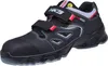 A black safety sandal with red and gray accents, shown from a side-angle on a white background. Produktbild-Vorschau