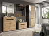 A modern entryway with a set of furniture including a shoe cabinet, bench, and tall cabinet with a mirror. Produktbild-Vorschau