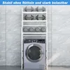 A white shelving unit with weights and a washing machine, placed against a tiled wall. Produktbild-Vorschau