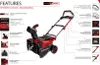 A diagram of a red and black snow blower with various features highlighted with text labels and small inset images. Produktbild-Vorschau