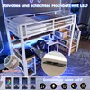 A loft bed with a desk and storage underneath, illuminated by LED lights. Podgląd zdjęcia produktu