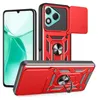 Multiple views of a red and black phone case with a slide camera cover and ring holder, shown next to a phone. Produktbild-Vorschau