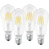 Four clear LED filament light bulbs with silver bases are arranged in a row against a white background. Produktbild-Vorschau