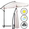 A large cantilever umbrella is shown in an open position, with a second, closed umbrella to the right. Three circular icons depicting weather conditions are also present. Anteprima dell’immagine prodotto