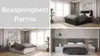 A collage of four images showcasing a box spring bed in different bedroom settings, with text overlay on the top left image. Produktbild-Vorschau