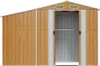 Front view of a wooden-look metal shed with open doors. Náhled obrázku produktu