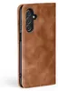 A close-up side view of a brown leather flip phone case for a Samsung Galaxy A25 5G. Produktbild-Vorschau