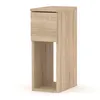 A narrow bedside table with a drawer and an open shelf, made of wood-look material, is shown against a white background.