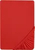 A red fitted sheet is shown laid flat with the elasticized corner visible in the bottom right. Produktbild-Vorschau
