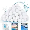 A pile of white filter balls with water splashes, and three smaller inset images showing a bag of filter balls, a swimming pool at sunset, and a pool filter system. Produktbild-Vorschau