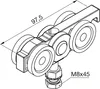A technical drawing of a roller apparatus with dimensions and screw size indicated. Produktbild-Vorschau