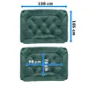 Two views of a green dog bed with dimensions indicated by text and arrows. Náhled obrázku produktu