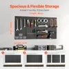 A pegboard tool organizer mounted on a wall, displaying various tools and storage bins. Below the pegboard, there are toolboxes and storage containers on a shelf. The bottom section shows three different configurations of pegboard wall organizers. Podgląd zdjęcia produktu