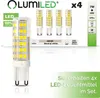 A product shot of four LED light bulbs in their packaging, with product specifications displayed. Produktbild-Vorschau