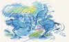 An abstract watercolor painting of horses in motion, rendered in shades of blue with splashes of yellow and green. Podgląd zdjęcia produktu