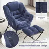 A blue corduroy armchair with a matching ottoman, shown in a room setting with some text overlays highlighting features. Produktbild-Vorschau