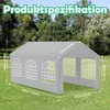 A gray party tent or pavilion is set up on a grassy lawn, with trees and a blue sky in the background. Dimensions are overlaid on the image. Produktbild-Vorschau
