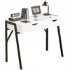 A white desk with black legs, featuring two drawers and various desk accessories. Náhled obrázku produktu