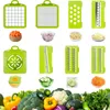 A collage of different attachments and accessories for a vegetable slicer, along with examples of chopped vegetables. Náhľad obrázku produktu
