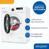 A white washing machine with its door open, displaying red towels inside. The image includes promotional text and icons on the right side. Produktbild-Vorschau