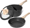 A black granite frying pan and saucepan with wooden handles are displayed on a white background. Produktbild-Vorschau
