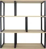 A minimalist, modern bookshelf with a light wood finish and black metal frame, shown against a white background. Produktbild-Vorschau