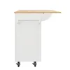 A side view of a white kitchen cart with a wooden countertop and a towel rack. Voir les images du produit
