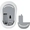 The underside of a white wireless computer mouse is shown, with the battery compartment open and the cover removed. Produktbild-Vorschau