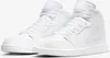 A pair of white Nike Air Jordan 1 Mid sneakers shown from a front-side angle against a white background. Produktbild-Vorschau