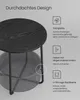 A round side table with a basket underneath, presented with feature callouts. Produktbild-Vorschau