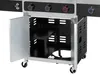 A close-up view of the lower section of a gas grill, showing an open cabinet door and internal storage. Produktbild-Vorschau