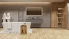 A modern bathroom with a freestanding bathtub, wooden accents, and a shower enclosure. Podgląd zdjęcia produktu