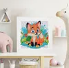 A framed diamond painting of a fox is displayed on a shelf in a child's room, next to stuffed animals and storage baskets. Produktbild-Vorschau