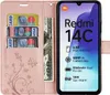 A pink wallet-style phone case with credit cards and cash inserted, next to a smartphone displaying product specifications. Produktbild-Vorschau